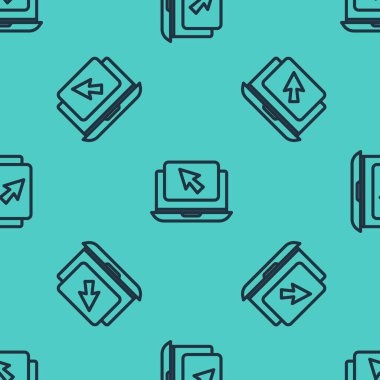 Siyah çizgi dizüstü bilgisayar ve imleç simgesi yeşil arkaplanda izole edilmiş kusursuz desen. Boş ekran işaretli bilgisayar defteri. Vektör İllüstrasyonu