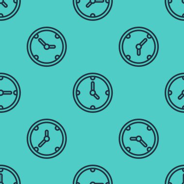 Siyah çizgi saat simgesi yeşil arkaplandaki kusursuz deseni izole etti. Zaman sembolü. Vektör İllüstrasyonu