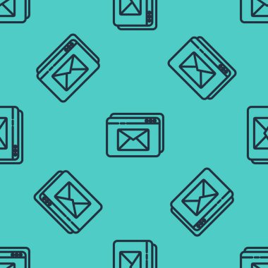 Siyah hat web sitesi ve zarf, yeni mesaj, posta simgesi yeşil arka planda izole edilmiş kusursuz desen. E-posta bültenleri, başlıklar, blog yazıları için kullanım. Vektör İllüstrasyonu