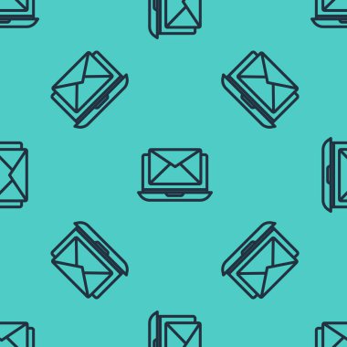 Zarflı siyah çizgi dizüstü bilgisayar ve ekran simgesinde açık e- posta yeşil arkaplanda izole edilmiş pürüzsüz desen. E-posta pazarlama, internet reklamcılığı kavramları. Vektör İllüstrasyonu