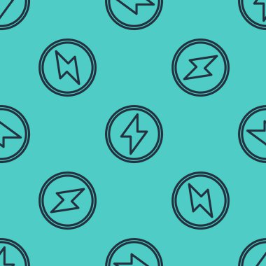 Siyah çizgi Şimşek simgesi yeşil arka planda izole edilmiş pürüzsüz desen. Flaş işareti. Flaş ikonunu yükle. Gök gürültüsü. Yıldırım çarpması. Vektör İllüstrasyonu