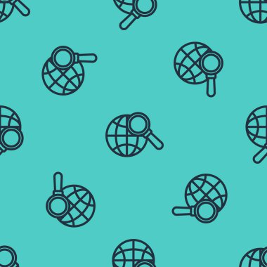 Küre simgesine sahip siyah çizgi büyüteç yeşil arka planda izole edilmiş pürüzsüz desen. Dünyayı analiz ediyorum. Küresel arama işareti. Vektör İllüstrasyonu