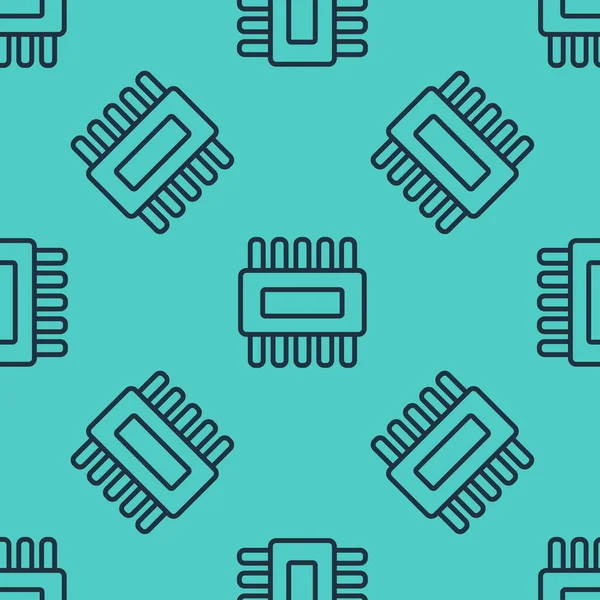 Black line Computer processor with microcircuits CPU icon isolated seamless pattern on green background. Chip or cpu with circuit board. Micro processor. Vector Illustration