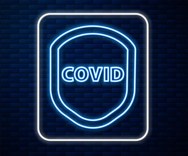 Glowing neon line Shield protecting from virus, germs and bacteria icon isolated on brick wall background. Immune system concept. Corona virus covid-19. Vector Illustration — Stock Vector
