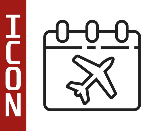 Linha preta Calendário de planejamento de viagens e ícone do avião isolado no fundo branco. Uma viagem de férias planeada. Ilustração vetorial —  Vetores de Stock