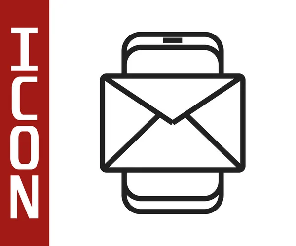 Siyah hat cep telefonu ve zarf, yeni mesaj, beyaz arkaplanda izole edilmiş posta simgesi. E-posta bültenleri, başlıklar, blog yazıları için kullanım. Vektör İllüstrasyonu — Stok Vektör