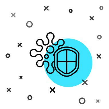 Beyaz arka planda siyah çizgi kalkanı virüslerden, mikroplardan ve bakteri ikonlarından korunuyor. Bağışıklık sistemi konsepti. Corona virüsü 2019-nCoV. Rastgele dinamik şekiller. Vektör İllüstrasyonu