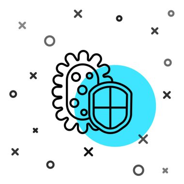 Beyaz arka planda siyah çizgi kalkanı virüslerden, mikroplardan ve bakteri ikonlarından korunuyor. Bağışıklık sistemi konsepti. Corona virüsü 2019-nCoV. Rastgele dinamik şekiller. Vektör İllüstrasyonu