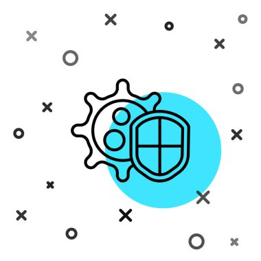 Beyaz arka planda siyah çizgi kalkanı virüslerden, mikroplardan ve bakteri ikonlarından korunuyor. Bağışıklık sistemi konsepti. Corona virüsü 2019-nCoV. Rastgele dinamik şekiller. Vektör İllüstrasyonu