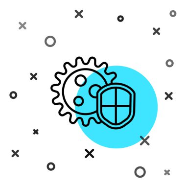 Beyaz arka planda siyah çizgi kalkanı virüslerden, mikroplardan ve bakteri ikonlarından korunuyor. Bağışıklık sistemi konsepti. Corona virüsü 2019-nCoV. Rastgele dinamik şekiller. Vektör İllüstrasyonu