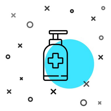 Siyah çizgi, beyaz arka planda izole edilmiş sıvı antibakteriyel sabun. Antiseptik. Dezenfeksiyon, hijyen, cilt bakımı. Rastgele dinamik şekiller. Vektör İllüstrasyonu