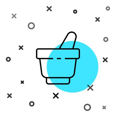 Siyah çizgi havan ve tokmak simgesi beyaz arkaplanda izole edildi. Rastgele dinamik şekiller. Vektör İllüstrasyonu