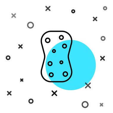 Beyaz zemin üzerinde baloncuk simgesi olan siyah çizgi süngeri. Bulaşık yıkamak için bir tutam Bast. Temizlik servisi logosu. Rastgele dinamik şekiller. Vektör İllüstrasyonu