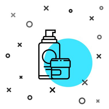 Beyaz arka planda siyah çizgi kremi ya da losyon kozmetik tüp ikonu izole edilmiş. Erkekler için vücut bakım ürünleri. Rastgele dinamik şekiller. Vektör İllüstrasyonu