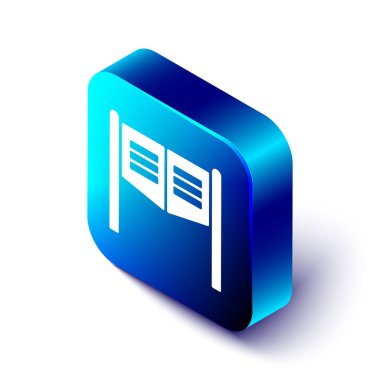 Beyaz arka planda izole edilmiş Isometric Old Western sallanan salon kapısı ikonu. Mavi kare düğme. Vektör İllüstrasyonu