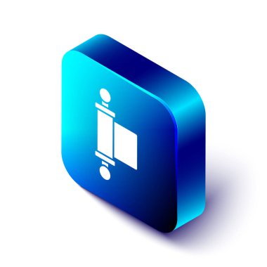 Beyaz arkaplanda izole edilmiş Isometric Kararname, kağıt, parşömen, kaydırma simgesi. Çin parşömeni. Mavi kare düğme. Vektör İllüstrasyonu