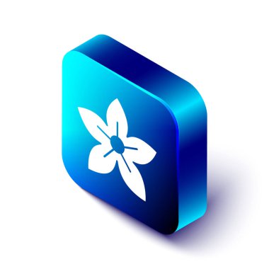 Beyaz arkaplanda izole edilmiş Isometric Lotus çiçek ikonu. Mavi kare düğme. Vektör İllüstrasyonu