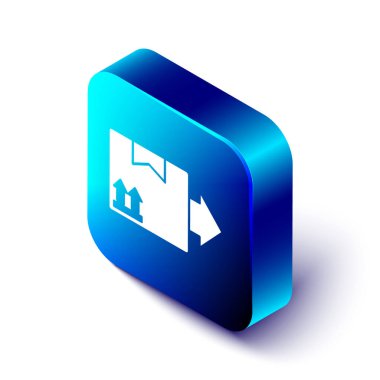 Beyaz zemin üzerinde trafik sembolü simgesi olan Isometric Mukavva Kutusu. Kutu, paket, paket. Teslimat, ulaşım ve nakliye. Mavi kare düğme. Vektör İllüstrasyonu