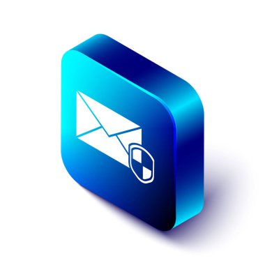 Beyaz arkaplanda izole edilmiş kalkan simgesi ile Isometric Zarfı. Sigorta konsepti. Güvenlik, güvenlik, koruma, konsept koruma. Mavi kare düğme. Vektör İllüstrasyonu