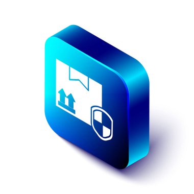 Beyaz zemin üzerinde kalkan simgesi olan Isometric Teslimat Paketi güvenliği. Teslimat sigortası. Kalkanın ötesinde sigorta kutuları var. Mavi kare düğme. Vektör İllüstrasyonu