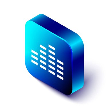 Isometric Müzik eşitleyici simgesi beyaz arkaplanda izole edildi. Ses dalgası. Ses dijital dengeleyici teknolojisi, konsol paneli, nabız müzikali. Mavi kare düğme. Vektör İllüstrasyonu