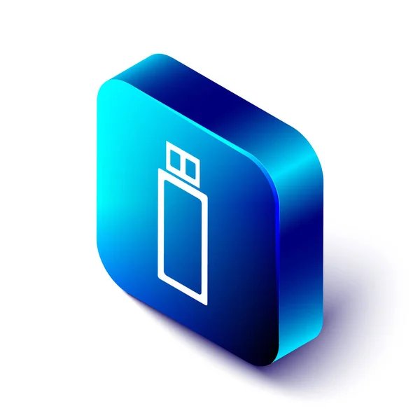 Isometrisches USB-Stick-Symbol isoliert auf weißem Hintergrund. Blauer quadratischer Knopf. Vektorillustration — Stockvektor