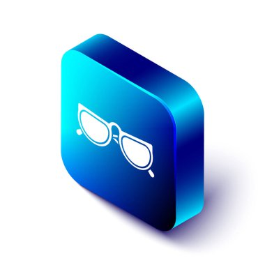 Beyaz arka planda izole izometrik gözlük simgesi. Gözlük çerçevesi sembolü. Mavi kare düğmesi. Vektör Illustration
