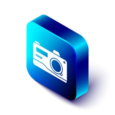Beyaz arkaplanda izole edilmiş Isometric Fotoğraf Kamerası simgesi. Fotoğraf makinesi simgesi. Mavi kare düğme. Vektör İllüstrasyonu