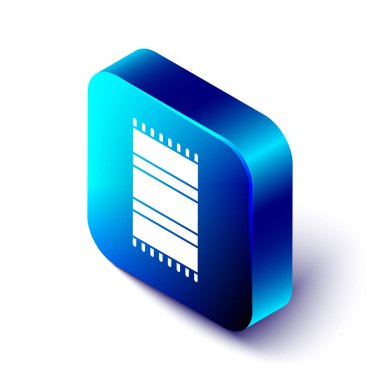 Beyaz arka planda izole edilmiş Isometric Beach havlu ikonu. Mavi kare düğme. Vektör İllüstrasyonu