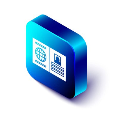 Beyaz arkaplanda biyometrik veri simgesine sahip Isometric Pasaport. Kimlik Belgesi. Mavi kare düğme. Vektör İllüstrasyonu