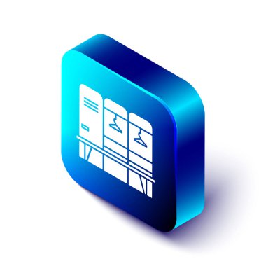 Isometric Locker ya da hokey, futbol, basketbol takımı ya da beyaz arka planda izole edilmiş işçi ikonu için soyunma odası. Mavi kare düğme. Vektör İllüstrasyonu