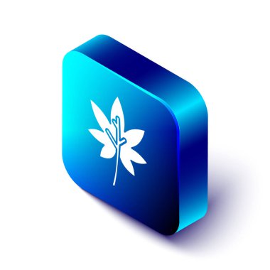 İzometrik Yaprak simgesi beyaz arkaplanda izole edildi. İşaret bırakıyor. Taze doğal ürün sembolü. Mavi kare düğme. Vektör İllüstrasyonu