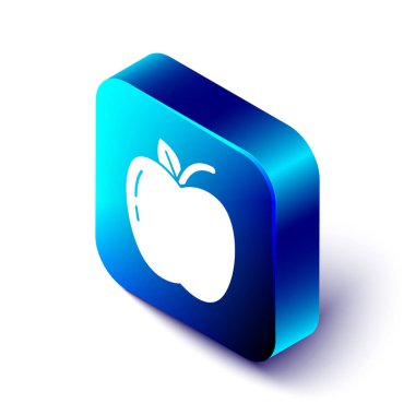 Beyaz arkaplanda izole edilmiş Isometric Apple simgesi. Yaprak sembollü meyve. Mavi kare düğme. Vektör İllüstrasyonu