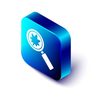 Beyaz zemin üzerinde yaprak simgesi olan Isometric büyüteç. Bilimsel biyoloji, doğa yaprağı. Mavi kare düğme. Vektör İllüstrasyonu