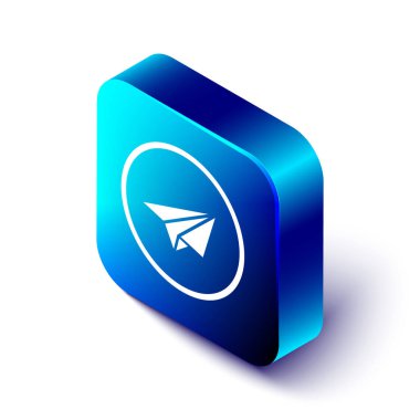 Beyaz arka planda yalıtılmış İzometrik Kağıt düzlem simgesi. Kağıt uçak simgesi. Uçak işareti. Mavi kare düğmesi. Vektör İllüstrasyonu