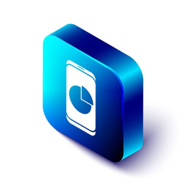 Grafik çizelgesi simgesine sahip Isometric cep telefonu beyaz arkaplanda izole edildi. Metin dosyasını rapor et. Muhasebe tabelası. Denetim, analiz, planlama. Mavi kare düğme. Vektör İllüstrasyonu