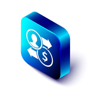 Isometric Job reklam para değişimi simgesi beyaz arka planda izole. Başarı, başarı, motivasyon iş sembolü, büyüme. Mavi kare düğme. Vektör İllüstrasyonu