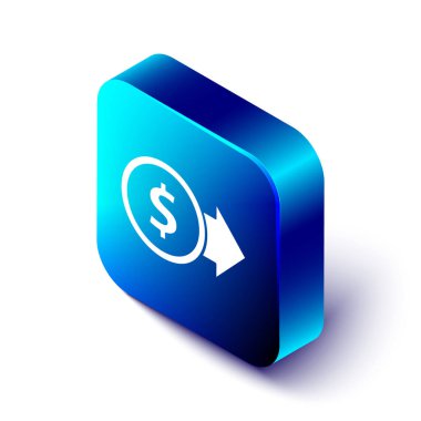 Beyaz zemin üzerinde dolar sembolü olan Isometric Coin parası. Bankacılık işareti. Para sembolü. Mavi kare düğme. Vektör İllüstrasyonu
