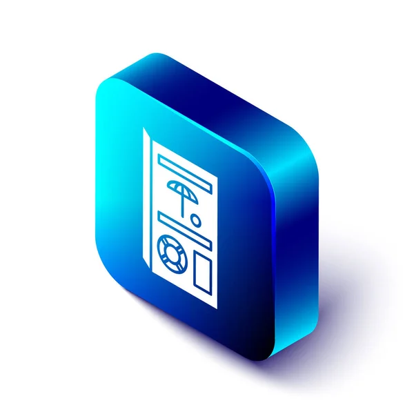 Isometric Travel icône de brochure isolé sur fond blanc. Bouton carré bleu. Illustration vectorielle — Image vectorielle