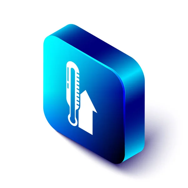 Isometrisches Thermometer-Messsymbol isoliert auf weißem Hintergrund. Thermometer, die heißes oder kaltes Wetter anzeigen. Blauer quadratischer Knopf. Vektorillustration — Stockvektor