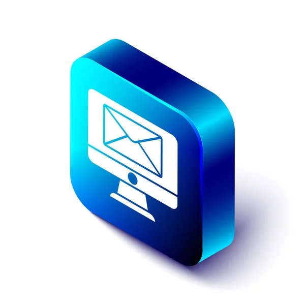 Isometrische Monitor en enveloppe, nieuw bericht, e-mail icoon geïsoleerd op witte achtergrond. Gebruik voor e-mail nieuwsbrieven, headers, blogberichten. Blauwe vierkante knop. Vector Illustratie — Stockvector