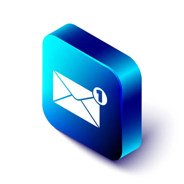 Isometrisches Umschlagsymbol isoliert auf weißem Hintergrund. empfangen Nachrichtenkonzept. neu, eingehende E-Mails, SMS. Postzustelldienst. blauer quadratischer Knopf. Vektorillustration — Stockvektor