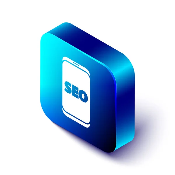 Isometric mobile phone SEO optimization 컨셉트 아이콘은 흰색 배경에 분리되었다. 파란색 네모 단추. 벡터 일러스트 — 스톡 벡터