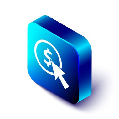 Beyaz arkaplanda izole edilmiş Isometric İmleç ve sikke simgesi. Dolar ya da USD sembolü. Nakit bankacılık tabelası. Mavi kare düğme. Vektör İllüstrasyonu