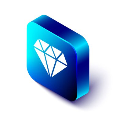 Beyaz arka planda yalıtılmış izometrik elmas simgesi. Mücevher sembolü. Mücevher taşı. Mavi kare düğmesi. Vektör Illustration