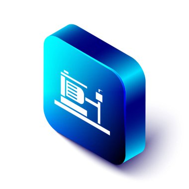 Isometric Elektrik Su Pompası ikonu beyaz arkaplanda izole edildi. Mavi kare düğme. Vektör İllüstrasyonu