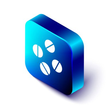 Isometrik tıp hap veya Tablet simgesi beyaz arka planda izole. Kapsül hap ve uyuşturucu işareti. Eczane tasarımı. Mavi kare düğmesi. Vektör Illustration