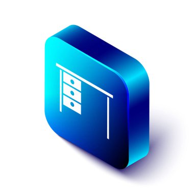Isometric Office masa simgesi beyaz arkaplanda izole edildi. Mavi kare düğme. Vektör İllüstrasyonu