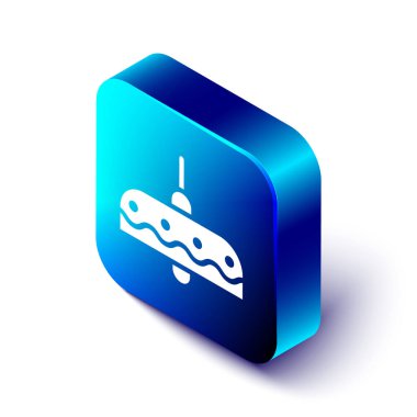 Beyaz arkaplanda Isometric Chandelier simgesi izole edildi. Mavi kare düğme. Vektör İllüstrasyonu