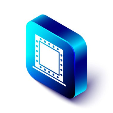 Beyaz arka planda izole edilmiş ışık simgesi olan Isometric makyaj aynası. Mavi kare düğme. Vektör İllüstrasyonu